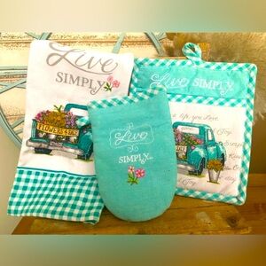 Farmhouse Truck “Live Simply” Kitchen Towel, Potholders Set NEW